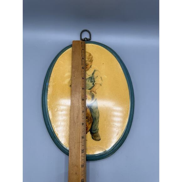 Vintage Oval Wall Art Plaque Child Feeding Chicken Farm Scene One of a Kind - Picture 3 of 4